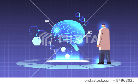 doctor in digital glasses looking at virtual detailed explanation anatomical brain internal organ vr vision metaverse 94968023