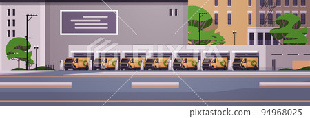 electric cargo vans charging battery vehicles at recharging power station charger EV management sustainable transport electric cargo vans charging battery vehicles at recharging power station charger EV management sustainable transport 94968025