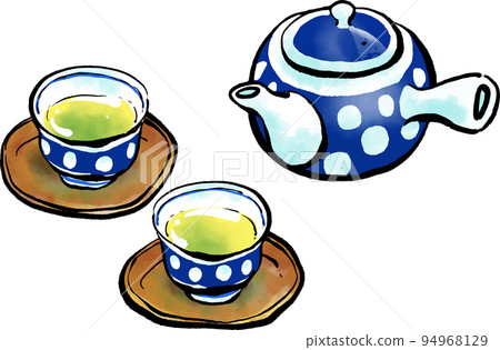 茶杯和茶壺的手繪插圖（毛筆書寫風格） 94968129