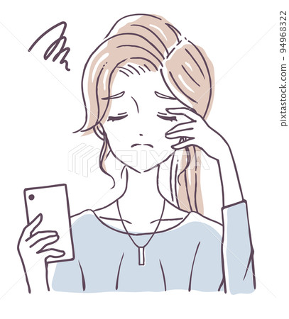 Asthenopia, smartphone, SNS fatigue, internet, troubles, human relations, picture material of a woman who is worried about holding a smartphone 94968322