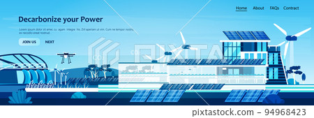 Wind turbines and solar panels energy renewable station field with air drones waste free world clean power concept 94968423