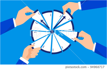 Image illustration of keeping time, divided clock and hands, vector 94968717