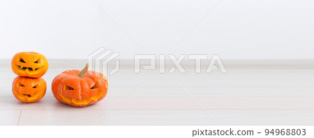 Banner halloween pumpkin heads jack lantern with scary evil faces spooky holiday copy space Banner halloween pumpkin heads jack lantern with scary evil faces spooky holiday copy space 94968803