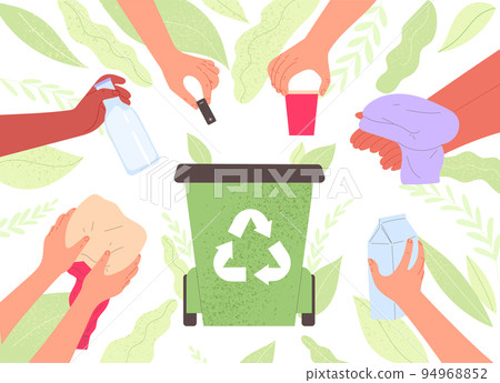 Hands put waste in recycling bin Hands put waste in recycling bin 94968852