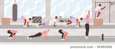 Burpee exercise performs man and woman in gym Burpee exercise performs man and woman in gym 94968866