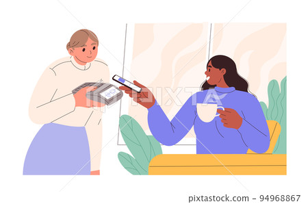 Woman payments in restaurant by contactless pay from her phone Woman payments in restaurant by contactless pay from her phone 94968867