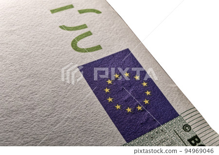 100 euro banknote with copyspace and EU marian starry flag , One hundred euro macro image. 100 number and copyspace 100 euro banknote with copyspace and EU marian starry flag , One hundred euro macro image. 100 number and copyspace 94969046