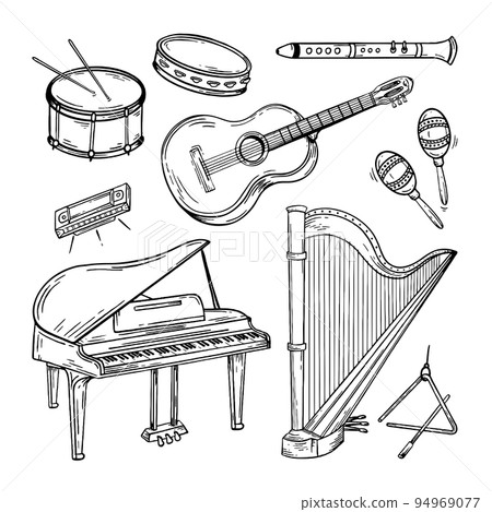 Set musical instruments hand drawn style. Vector black and white doodle illustration 94969077