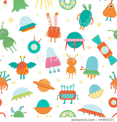 Vector seamless pattern of cute aliens, ufo, flying saucer for children. Bright and funny flat illustration of smiling extraterrestrial creatures on white background. Space picture for kids. 94969255