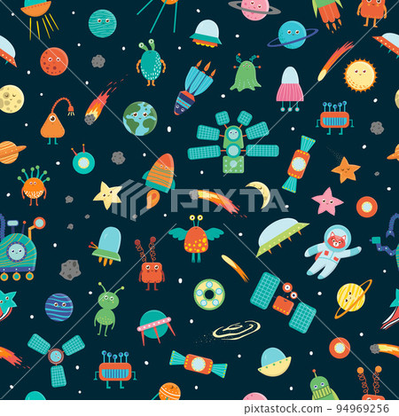 Vector seamless pattern of space objects. Bright and cheerful repeat background with planet, star, spaceship, satellite, moon, sun, asteroid, astronaut, alien, UFO 94969256