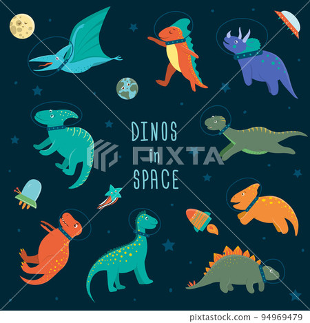 Vector set of cute dinosaurs in outer space. Funny flat cosmic dino characters background. Cute prehistoric reptiles illustration 94969479