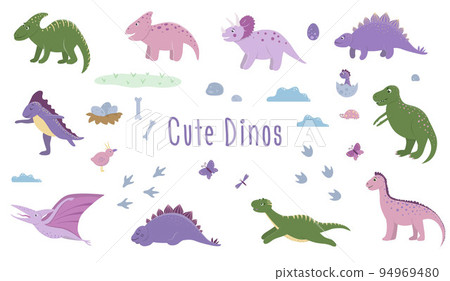 Vector set of cute dinosaurs with clouds, eggs, bones, birds for children. Dino flat cartoon characters. Cute prehistoric reptiles illustration. 94969480