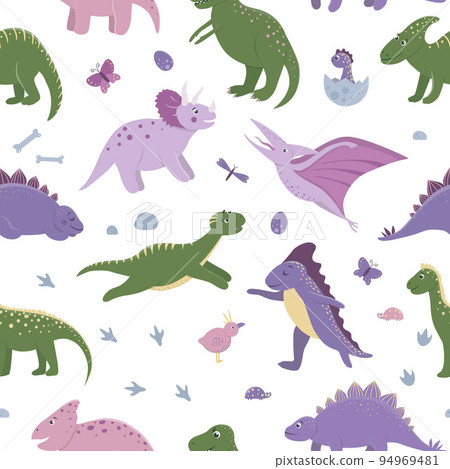 Vector seamless pattern with cute dinosaurs with clouds, eggs, bones, birds for children. Dino flat cartoon characters background. Cute prehistoric reptiles illustration. 94969481