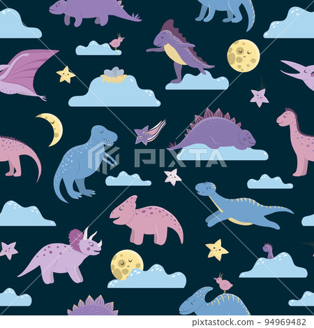Vector seamless pattern with cute dinosaurs on night sky with clouds, moon, stars, birds for children. Dino flat cartoon characters background. Cute prehistoric reptiles illustration. 94969482