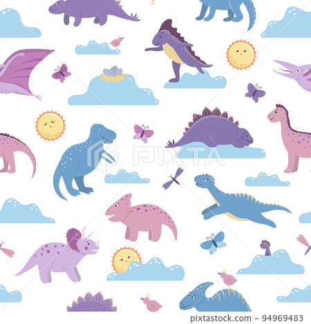 Vector seamless pattern with cute dinosaurs on day sky with clouds, sun, butterflies, birds for children. Dino flat cartoon characters background. Cute prehistoric reptiles illustration. 94969483