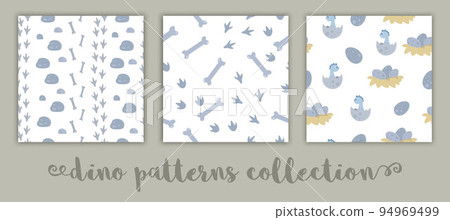 Set of vector dinosaur seamless patterns for children. Dino flat cartoon background with baby dinos in nests, bones, footprints, eggs, stones. Cute prehistoric reptiles illustration. 94969499
