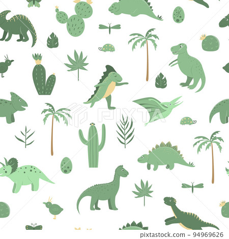 Vector seamless pattern with cute green dinosaurs with palm trees, cactus, stones, footprints, bones for children. Dino flat cartoon character background. Cute prehistoric reptile illustration. 94969626