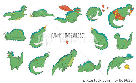 Vector set of funny colored dinosaurs in different poses. Comic dino concept in cartoon style. Doodle drawing of sarcastic reptiles Vector set of funny colored dinosaurs in different poses. Comic dino concept in cartoon style. Doodle drawing of sarcastic reptiles 94969636