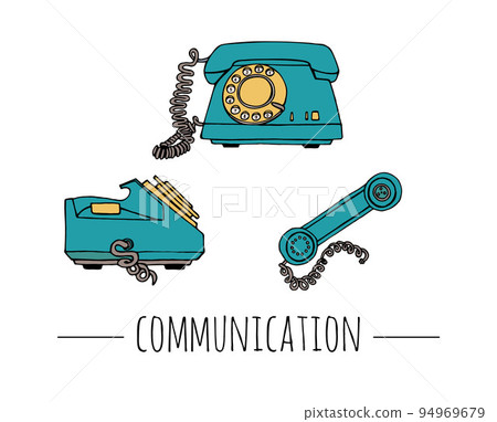 Vector vintage telephone set. Retro illustration of wired rotary dial telephone. Old means of communication 94969679