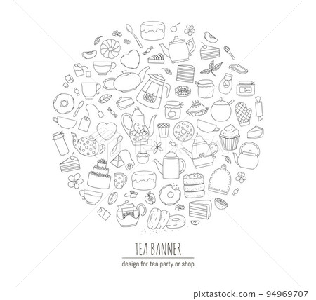 Vector illustration of black and white teapots, pies, sweets, cakes framed in circle. Line art tea set. Tea themed concept. Frame with kettles and kitchen equipment Vector illustration of black and white teapots, pies, sweets, cakes framed in circle. Line art tea set. Tea themed concept. Frame with kettles and kitchen equipment 94969707