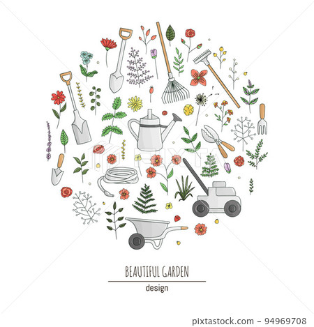 Vector set of colorful garden tools, flowers, herbs, plants. Collection of spade, shovel, rakes, wheel barrow, watering can, shears, lawn mower, hose, trowel, hand fork, framed in circle. Cartoon Vector set of colorful garden tools, flowers, herbs, plants. Collection of spade, shovel, rakes, wheel barrow, watering can, shears, lawn mower, hose, trowel, hand fork, framed in circle. Cartoon 94969708