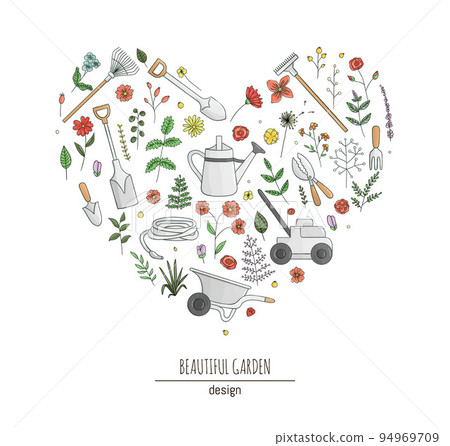 Vector set of colorful garden tools, flowers, herbs, plants. Collection of spade, shovel, rakes, wheel barrow, watering can, shears, lawn mower, hose, trowel, hand fork, framed in heart shape. Cartoon 94969709