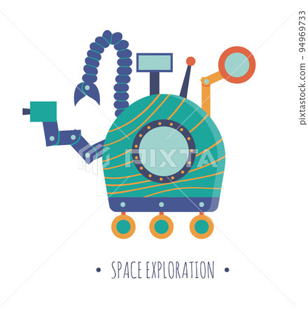 Vector rover illustration for children. Bright and cute flat picture of smiling technics isolated on white background. Space exploration concept. 94969733