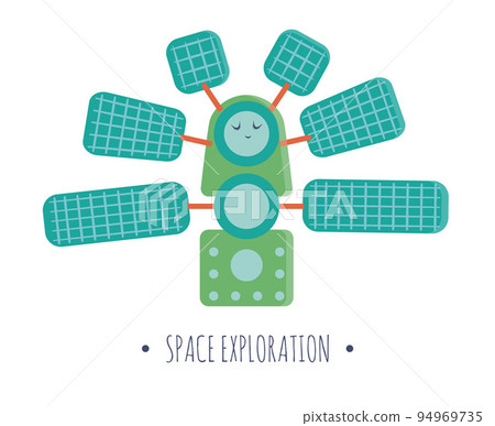 Vector space station illustration for children. Bright and cute flat picture of smiling technics isolated on white background. Space exploration concept. 94969735