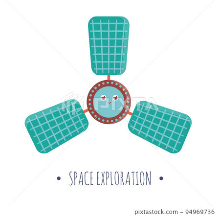 Vector satellite illustration for children. Bright and cute flat picture of smiling technics isolated on white background. Space exploration concept. 94969736