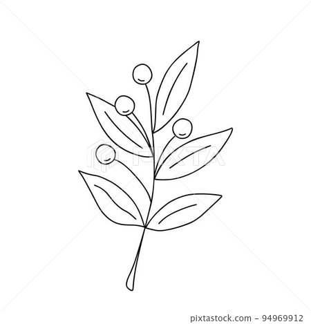 Outline plant decorative branch with leaves and berries for home decor, Christmas, New Year festive holiday arrangement, vector illustration for seasonal greeting card, invitation, banner 94969912
