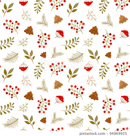 Botanical christmas pattern warm shade berry branch flat. Viburnum fir plant leaf pine cone red berry winter autumn pattern traditional holiday design backdrop print textile wrap paper fabric seasons Botanical christmas pattern warm shade berry branch flat. Viburnum fir plant leaf pine cone red berry winter autumn pattern traditional holiday design backdrop print textile wrap paper fabric seasons 94969935