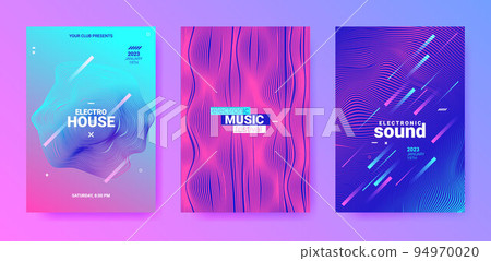Dance Posters. Electro Sound Cover. Techno Party Flyer. Vector 3d Background. Abstract Dance Poster Set. Geometric Fest Banner. Gradient Wave Round. Futuristic Dance Posters. 94970020