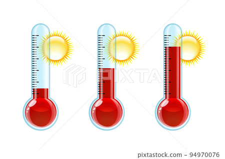 Set of three transparent red thermometers with different levels. Set of three transparent red thermometers with different levels. 94970076