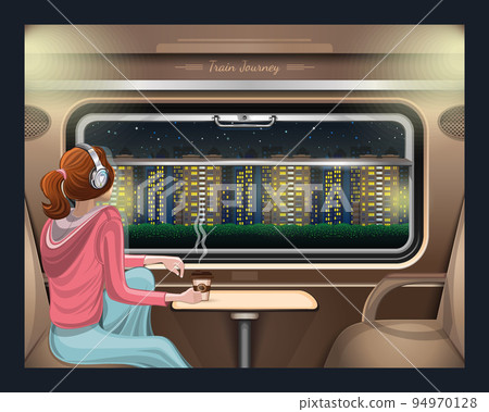 Girl looks at the night city from the train window 94970128