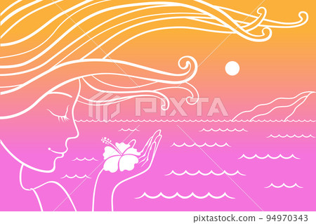 Tropical sunset with girl smelling hibiscus flower near the sea. Minimalistic style. Tropical sunset with girl smelling hibiscus flower near the sea. Minimalistic style. 94970343