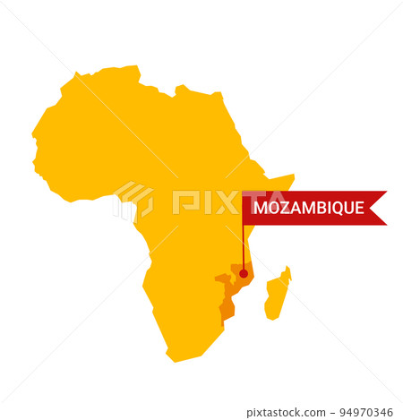 Mozambique on an Africa s map with word Mozambique on a flag-shaped marker. 94970346