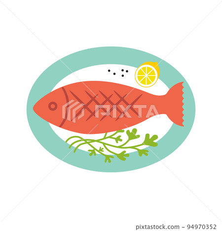 Whole fish on oval plate grilled or fried with fresh herbs and lemon. Vector flat illustration isolated on white. 94970352