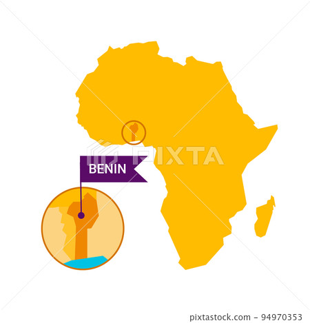 Benin on an Africa s map with word Benin on a flag-shaped marker. Vector isolated on white. 94970353