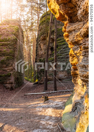 Narrow pass through sandstone rock formation at Chlum - Kozlov Castle Ruins, Bohemian Paradise, Czech Republic 94970956