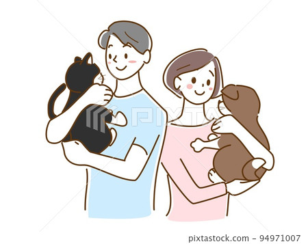 Man and woman holding a cat and a dog 94971007