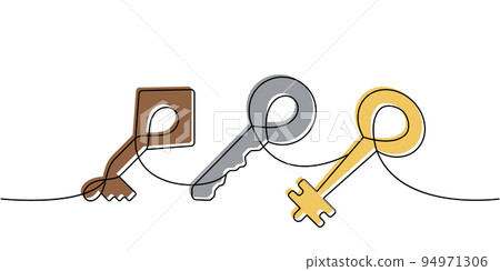 Set of Key one line colored continuous drawing. Home key continuous one line colorful set illustration. Vector minimalist linear illustration 94971306
