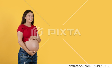 Pregnancy Offer. Beautiful Woman Embracing Her Pregnant Belly And Looking Away Pregnancy Offer. Beautiful Woman Embracing Her Pregnant Belly And Looking Away 94971902