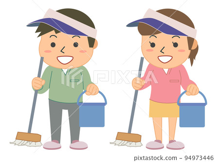 Man and woman golf players with mop and bucket 94973446