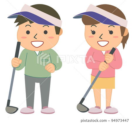 Male and female golf players with drivers 94973447