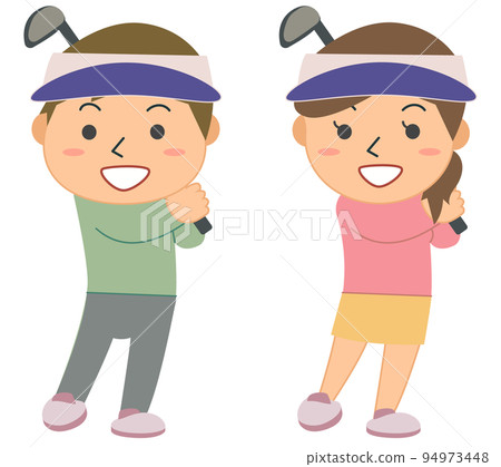 擺動驅動器的男性和女性高爾夫球手 94973448