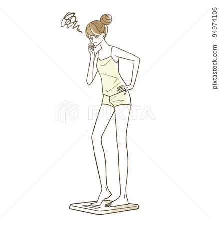 A woman who is worried about getting on the weight scale 94974106