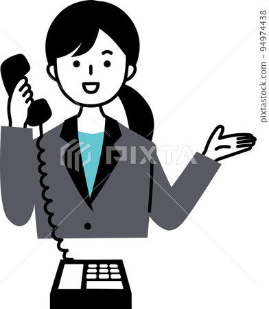 Illustration of a woman in a suit who guides and explains by telephone Illustration of a woman in a suit who guides and explains by telephone 94974438