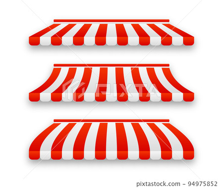 Store awnings. Restaurant tent, shop canopy with red stripes. Market roof set of tent for shop, canopy for store, cafe street. Vector illustration Store awnings. Restaurant tent, shop canopy with red stripes. Market roof set of tent for shop, canopy for store, cafe street. Vector illustration 94975852
