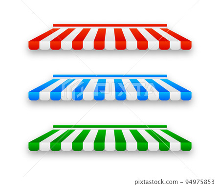 Store awnings. Restaurant tent, shop canopy with red stripes. Market roof set of tent for shop, canopy for store, cafe street. Vector illustration Store awnings. Restaurant tent, shop canopy with red stripes. Market roof set of tent for shop, canopy for store, cafe street. Vector illustration 94975853
