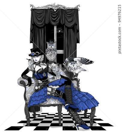 Gothic steampunk lady and owls 94976215